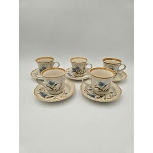 Set of 5 Mikasa Stoneware Cups & Saucers Blue Daisies Mugs #EB 804 Japan Vtg